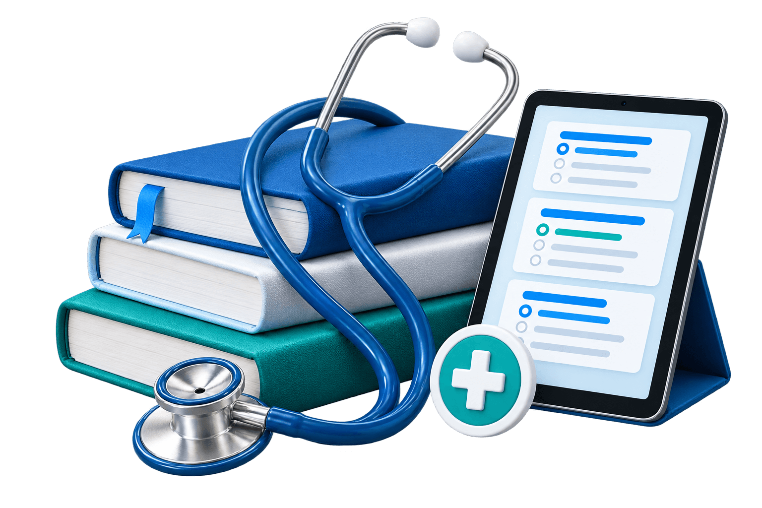 Textbooks, a stethoscope and a practice tablet